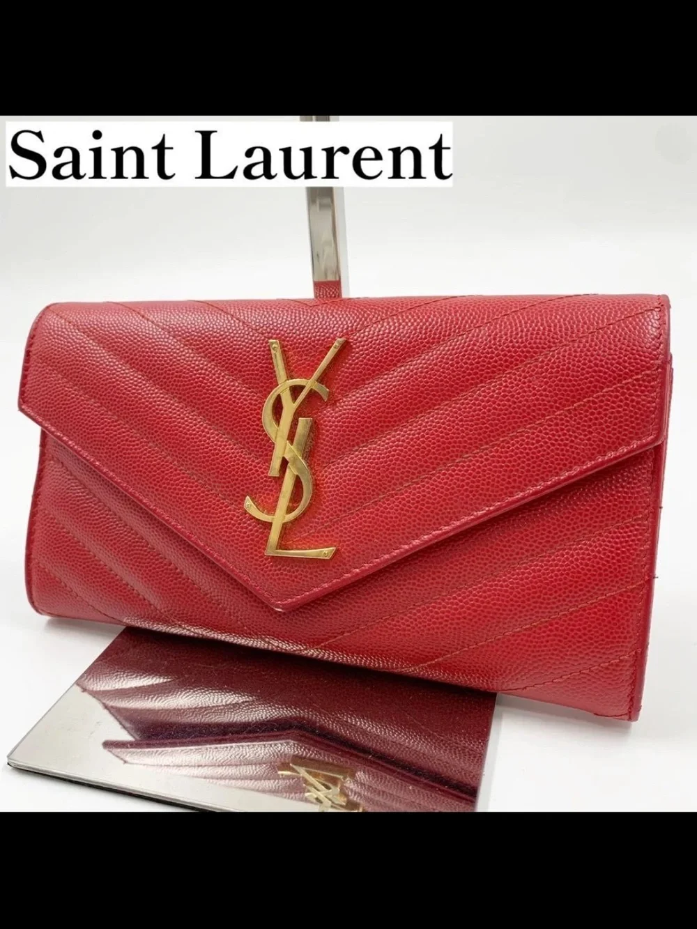 Saint Laurent Red Chevron-Quilted Envelope Wallet with Gold YSL